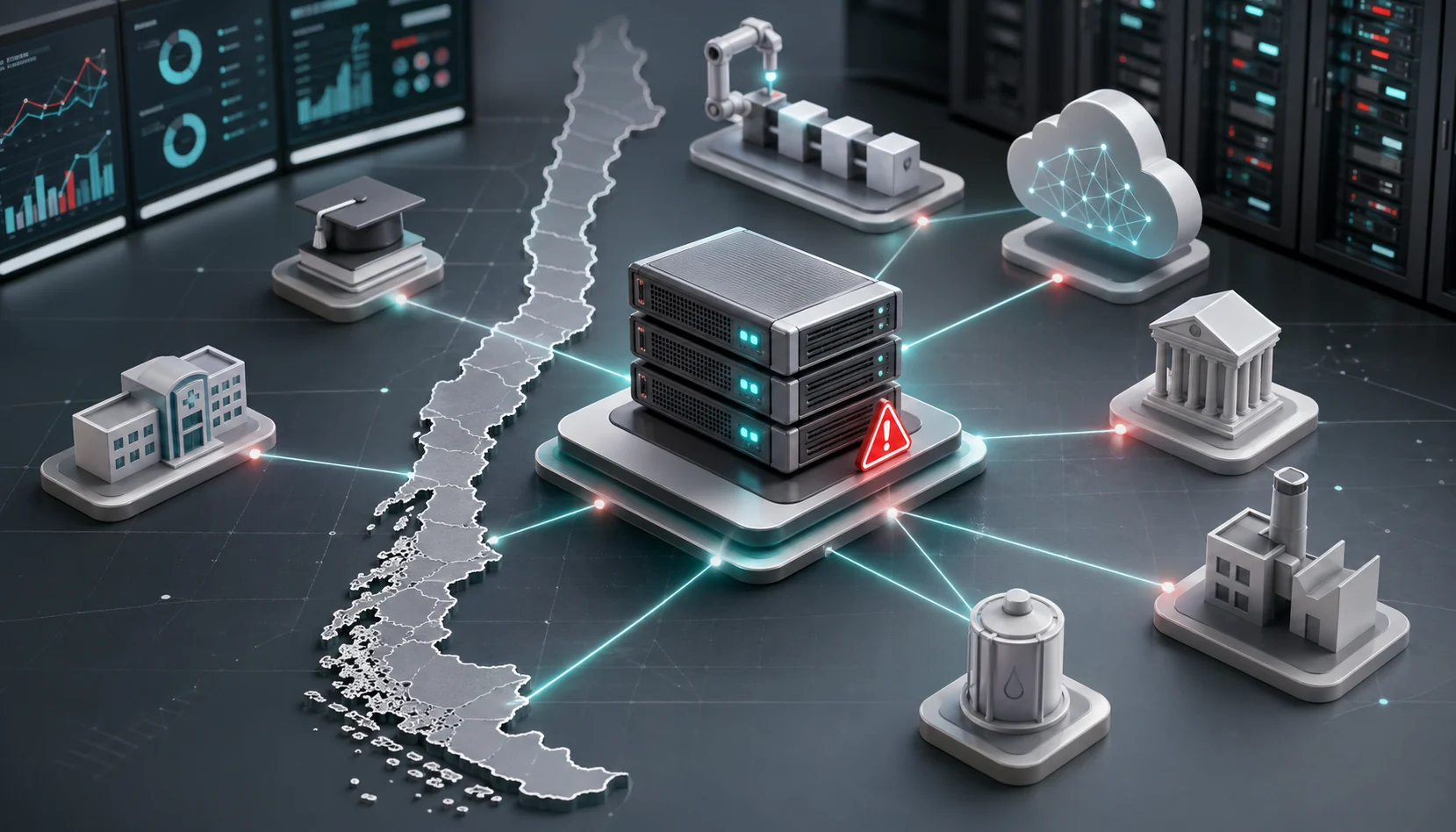 Editorial illustration about Copy Fail's impact on Chilean digital infrastructure