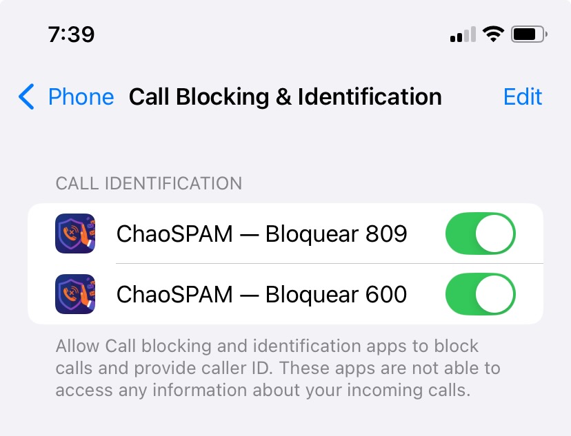 Activar ChaoSPAM en Ajustes de iPhone - Bloqueo e ID de llamadas